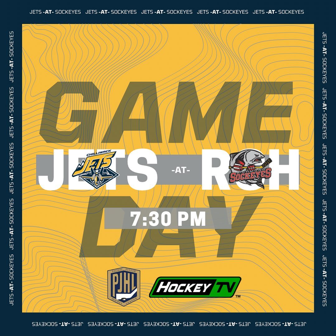 “We’re blinding, Jets flying
Right behind in rearview mirror now
Got the fearing, power steering
Pistons popping, ain't no stopping us now” 🎤 | ⏰ 7:30 P.M. | 📺 @myhockeytv | 📻 @thepjhl Website | 🤝

Game #6 as your Chilliwack Jets faceoff against the Richmond Sockeyes who are still undefeated this season 🛩️

#attackzone #targetacquired #highwaytothedangerzone #pjhl #hockeyseason #letsgojets #gojetsgo #jetsflyhigh #fuelledandready