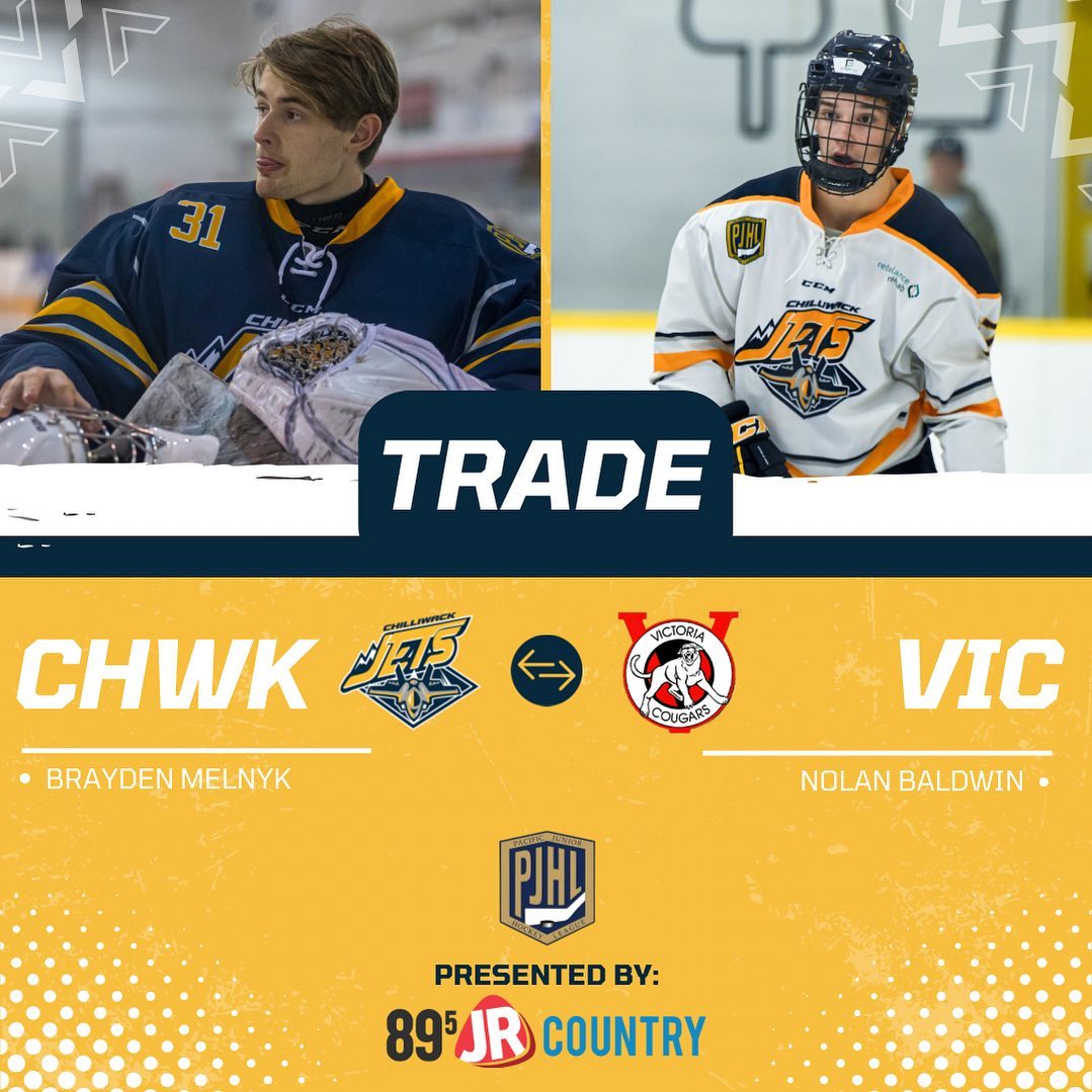 🔔TRADE ALERT 🔔 - The Chilliwack Jets announced today that the team has re-acquired Goaltender, Brayden Melnyk from the Victoria Cougars in exchange for Forward, Nolan Baldwin

Melnyk started the 22/23 season for the Campbell River Storm posting 3 wins and 4 losses in 7 games, for a GAA of 2.16 and SV% of .928. Brayden was then traded to the Victoria Cougars playing in only 3 games but with 3 wins, a GAA of 2.33 and a SV% of .897. Melnyk played for the Jets last season posting 11 wins and 6 losses in 17 games and 4 playoff appearances while tallying a 2.95 GAA and SV% of .916.

Baldwin was another new face for the Chilliwack Jets this season and tallied 10 goals and 8 assists through 21 games played so far this season along with 61 PIM’s. We thank and wish Nolan all the best with the Cougars and his future hockey endeavours.

We are excited to welcome Brayden back to his hometown of Chilliwack & “THE HANGAR”.

#thankyou #chilliwackjets #victoriacougars #pjhl #vijhl #championsarebuilthere #letsgojets #gojetsgo #hockeytrade #hockeylife