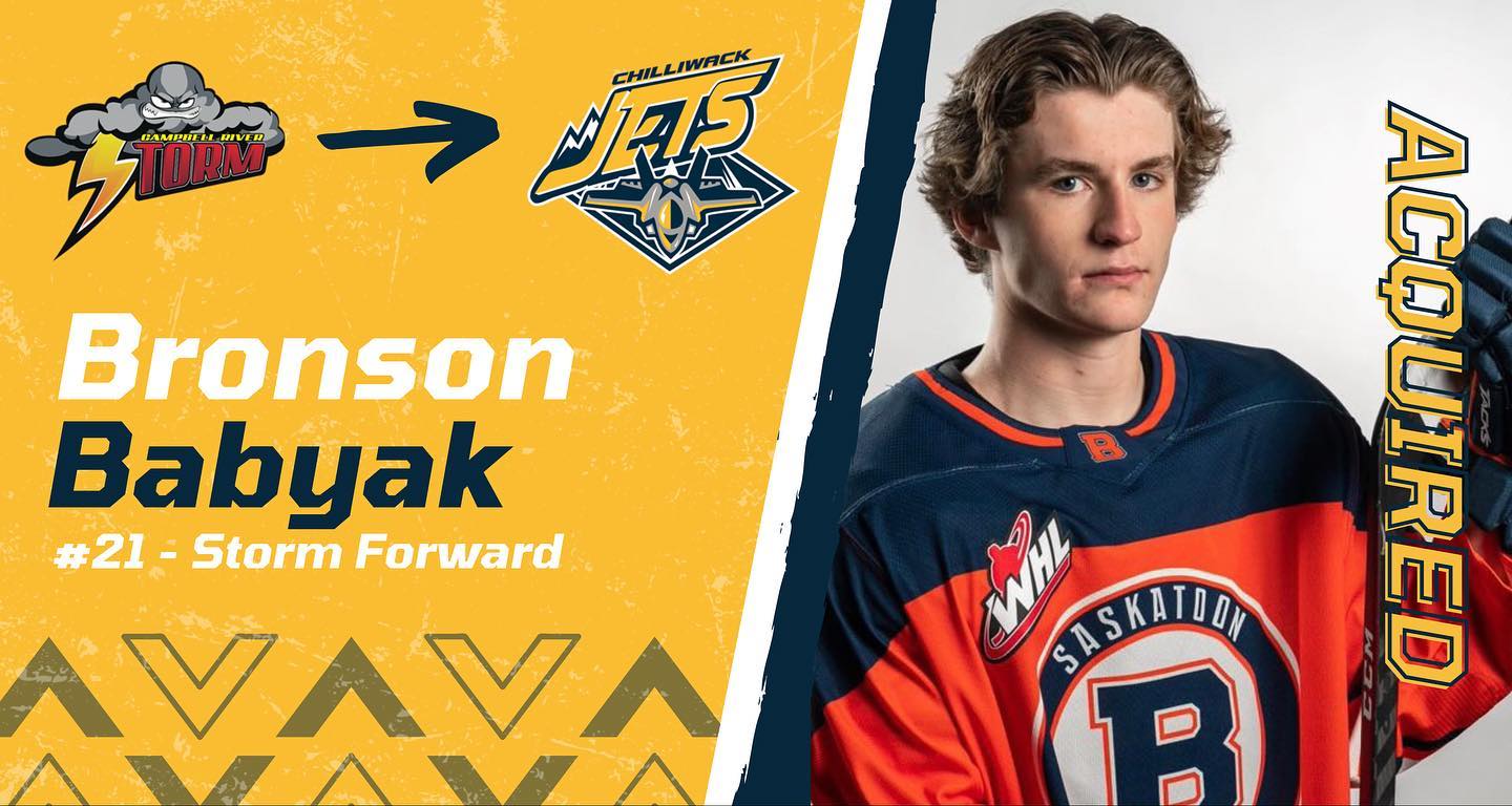 🔔TRADE ALERT 🔔 - The Chilliwack Jets announced this past weekend that the club has acquired Forward, Bronson Babyak from the Campbell River Storm in exchange for a Player Development Fee.

Babyak played for the Saskatoon Blazers U18 AAA in the SMAAAHL for 21/22 season tallying 4 goals and 8 assists in 44 games along with 50 PIM’s along with being called up to the SJHL for the Melville Millionaires for 1 game. For the start of the 2022/23 season Bronson has played for the Campbell River Storm and in 18 games has scored 3 goals and 5 assists, and telling 2 PIM’s.

We are excited to welcome Bronson to the Mainland/Chilliwack & “THE HANGAR” and have him continue his development and success this season.

#welcome #chilliwackjets #campbellriverstorm #pjhl #championsarebuilthere #letsgojets #gojetsgo #hockeytrade #hockeylife #vijhl #welcometothehangar