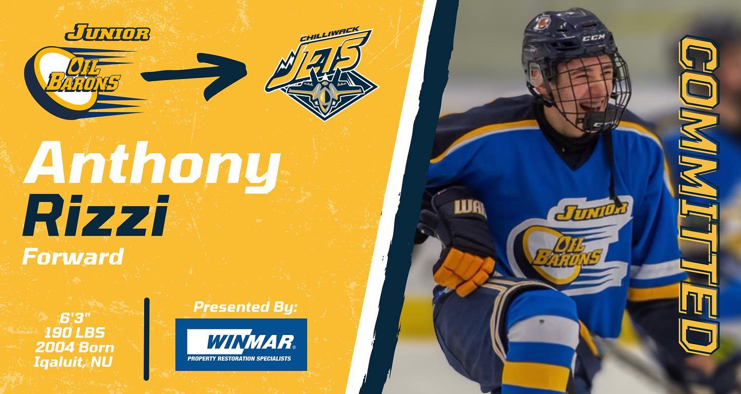 ⚠️ COMMITMENT ALERT ⚠️

On behalf of the Chilliwack Jets, we would like to announce Anthony Rizzi’s commitment to play for the Jets next season!! 🛩 @anthony_rizz7 

Anthony previously played for the Fort McMurray Junior Oil Barons U18 AA Team. Anthony played in 29 games, while producing 11 Goals, 5 Assists and 34 PIM’s. We can’t wait to see him play in BC and Chilliwack.

Please welcome Anthony to “THE HANGAR” and Jets! 🏒

#welcometothejets #soaringjetsklife #gojetsgo #hockeyoffseason #signingseason #hardworkbeginsnow