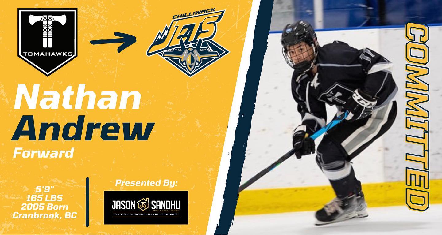 ⚠️ COMMITMENT ALERT ⚠️

On behalf of the Chilliwack Jets, we would like to announce Nathan Andrew’s commitment to play for the Jets this season!! 🛩 @nathan.andrew11 

Nathan previously played for the Northern Alberta Tomahawks Junior “A” Team. Nathan played in 39 games, while producing 21 Goals, 32 Assists for 53 Points and 12 PIM’s. We can’t wait to see him play in Chilliwack and in “THE HANGAR”.

Please welcome Nathan to the Jets! 🏒

#welcometothejets #soaringjetsklife #gojetsgo #hockeyoffseason #signingseason #hardworkbeginsnow #goalscoringmachine