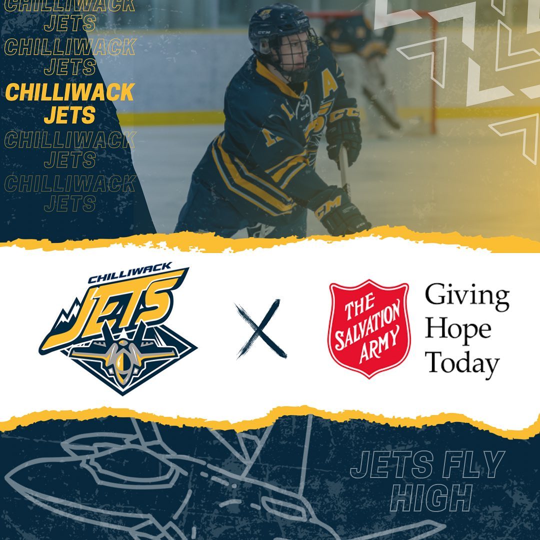 We are thrilled to announce that we will be working directly with the Chilliwack Salvation Army as a Community Partner. We know that the game of hockey extends off the ice, and that our community which is always in need for help deserves it. We are excited to give back to the community we call home 🛩

https://donate.salvationarmy.ca/

Jets Fans, be on the lookout this upcoming season as we will be having certain donation & awareness games to help support this cause with benefits to you as a fan! 

#gojetsgo #jetsflyhigh #letsgojets #communitysupport #salvationarmy #givinghope #chilliwack
